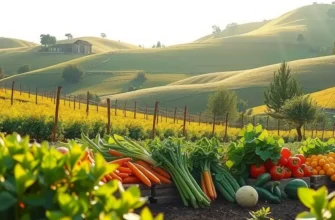A picturesque view of a sunlit organic field filled with diverse fruits and vegetables, surrounded by greenery.