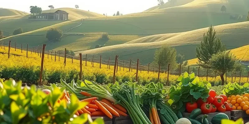 A picturesque view of a sunlit organic field filled with diverse fruits and vegetables, surrounded by greenery.