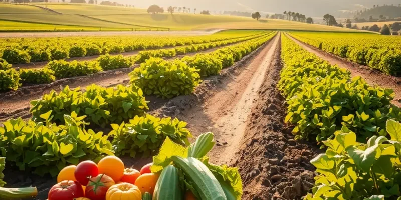 A scenic view of a sunlit field with colorful organic vegetables and fruits surrounded by greenery.