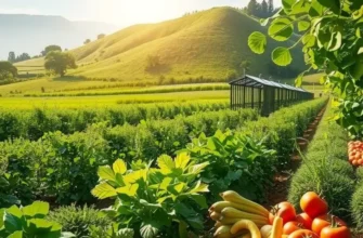 A beautiful landscape of a sunlit organic field filled with vibrant vegetables and fruits.