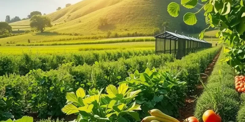 A beautiful landscape of a sunlit organic field filled with vibrant vegetables and fruits.