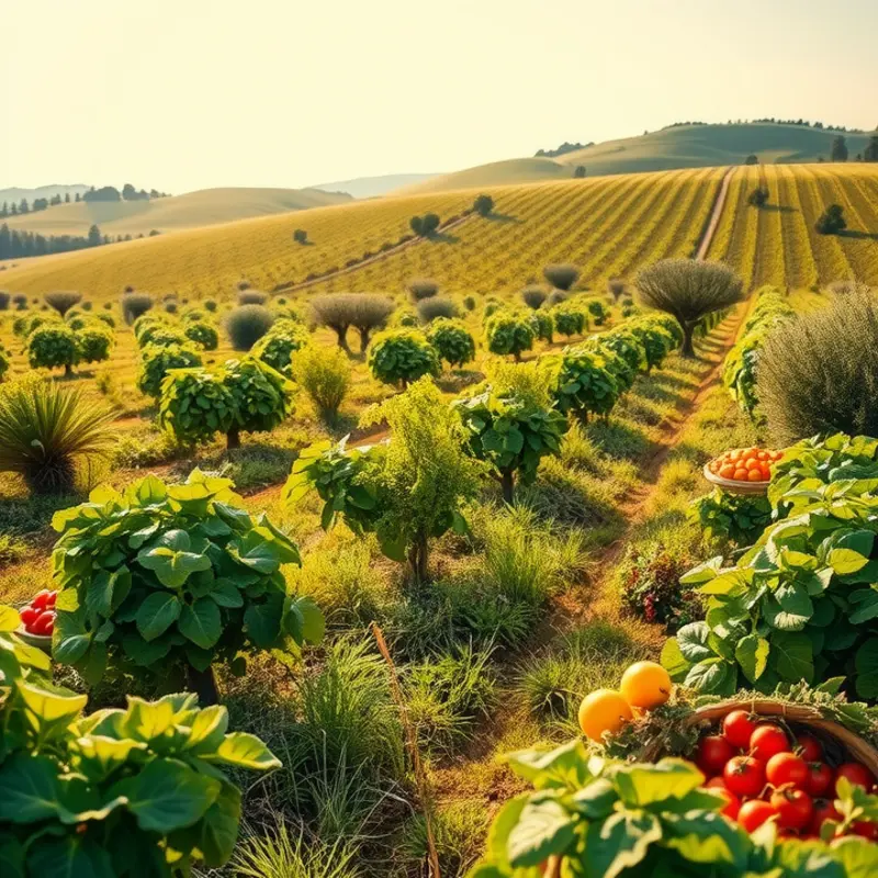A sunlit garden abundant with fresh fruits and vegetables.
