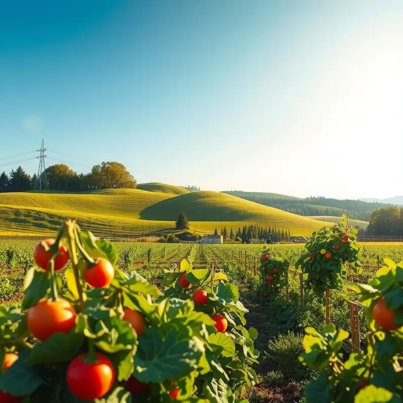 A beautiful orchard showcasing fresh vegetables and fruits in a sunlit landscape.