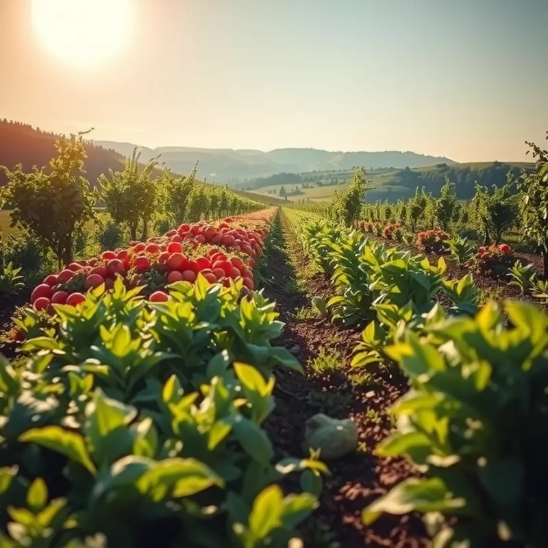 A sunlit garden showcasing vibrant fruits and vegetables.