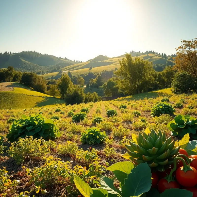 A vibrant, sunlit garden showcasing fresh organic produce.