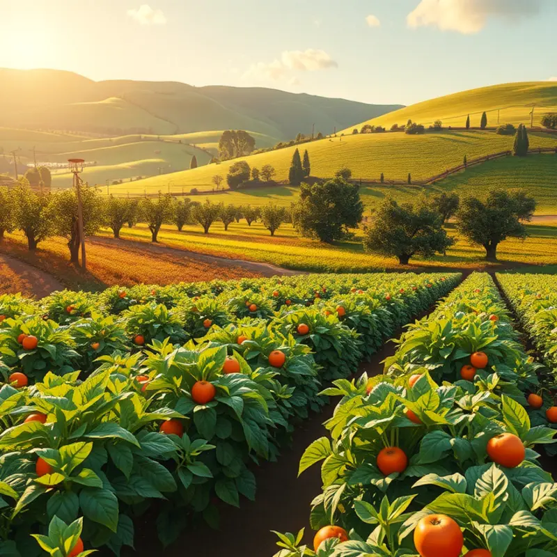 A serene sunlit garden showcasing vibrant fruits and vegetables.