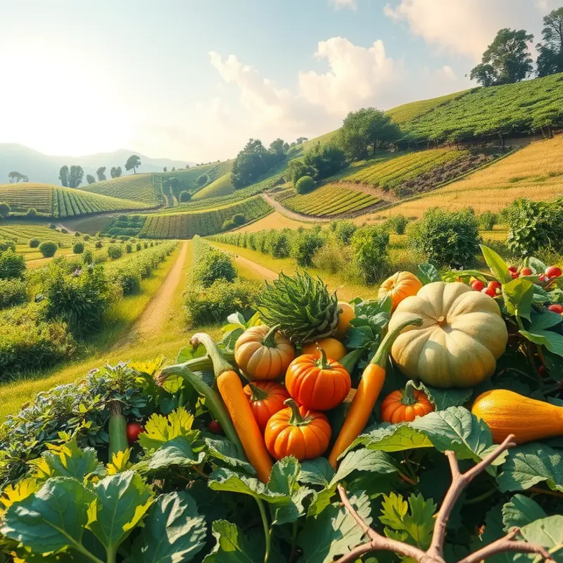 A sunlit organic garden filled with vibrant fruits and vegetables.