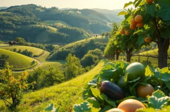 A beautiful sunlit landscape featuring lush greenery and vibrant vegetables and fruits.