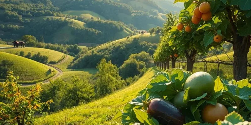 A beautiful sunlit landscape featuring lush greenery and vibrant vegetables and fruits.