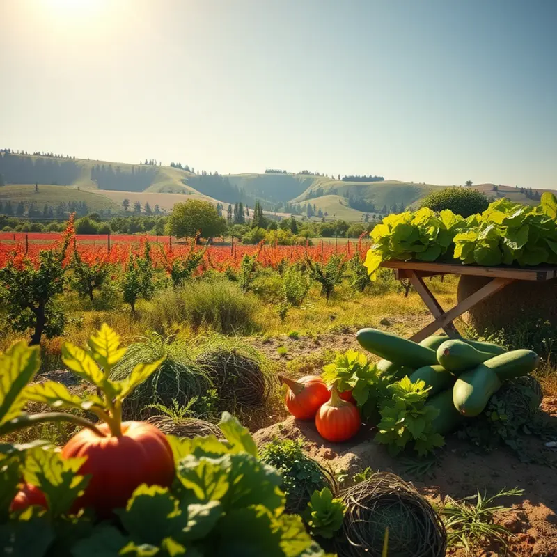 A sunlit orchard filled with vibrant fruits and vegetables, symbolizing natural abundance.