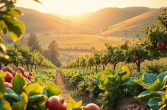 A serene landscape of a sunlit orchard with vibrant produce growing among lush foliage.