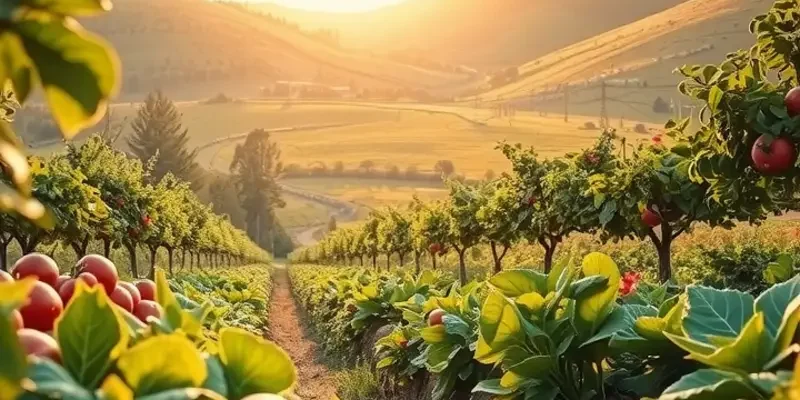 A serene landscape of a sunlit orchard with vibrant produce growing among lush foliage.