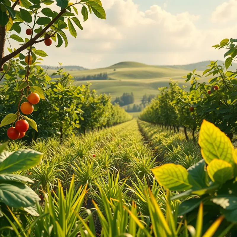 A serene orchard bursting with vibrant fruits and vegetables, symbolizing the importance of fresh produce and nutrition.
