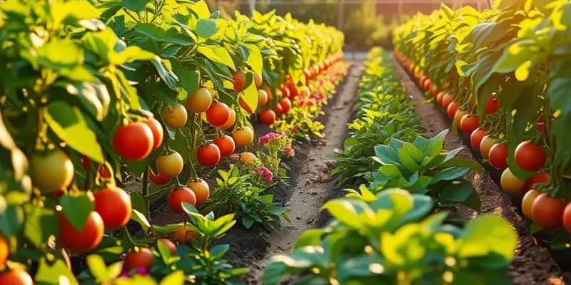 A sunlit organic orchard teeming with fresh fruits and vegetables, reflecting abundance and healthy eating.