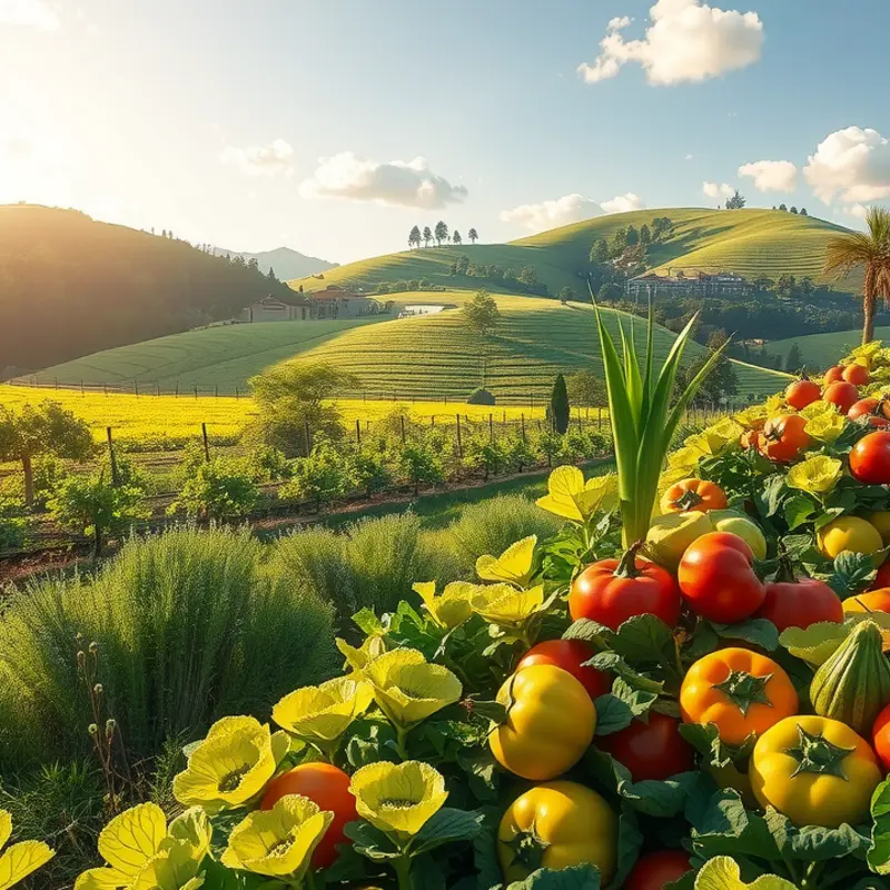 A vibrant orchard filled with fresh vegetables and fruits, representing the abundance of healthy eating.