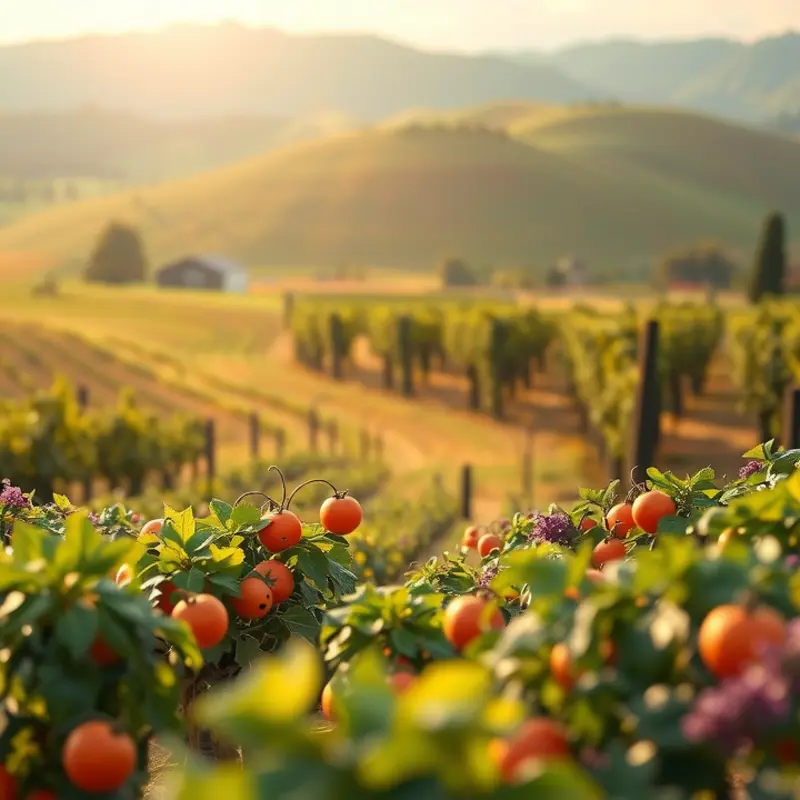 A lush, sunlit orchard filled with vibrant vegetables and fruits.