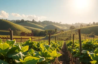A scenic landscape of an orchard with fresh organic vegetables and fruits under warm sunlight.