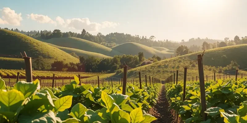 A scenic landscape of an orchard with fresh organic vegetables and fruits under warm sunlight.