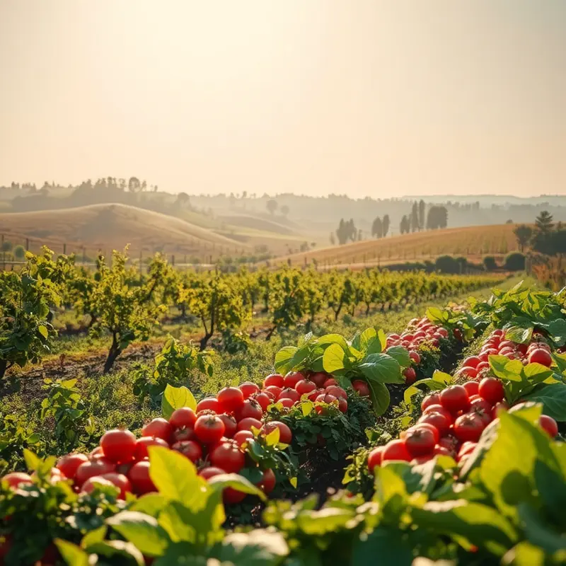 A vibrant landscape showcasing a bountiful harvest of organic fruits and vegetables.