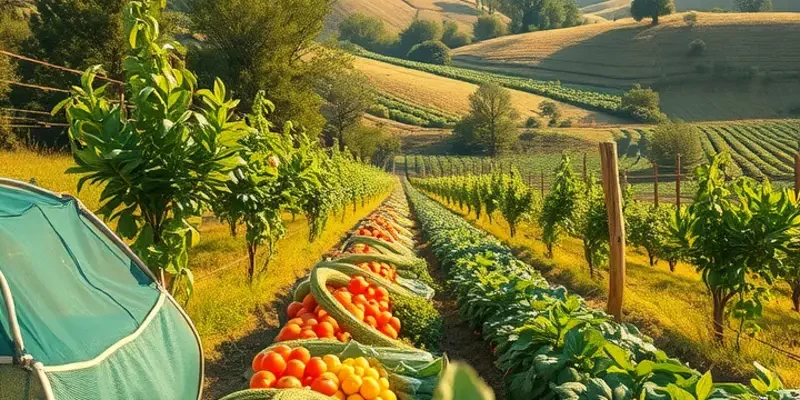 A scenic view of a sunlit field filled with healthy organic vegetables and fruits.