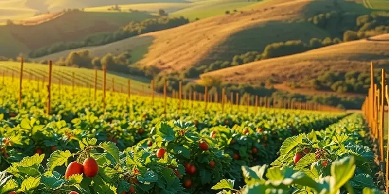 A sunlit field filled with healthy organic produce, showcasing a connection to nature and sustainable food practices.