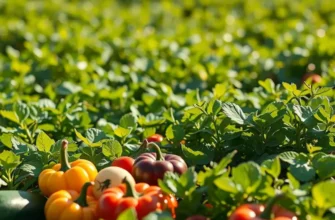 A picturesque view of a sunlit field filled with organic fruits and vegetables, symbolizing healthy nutrition.
