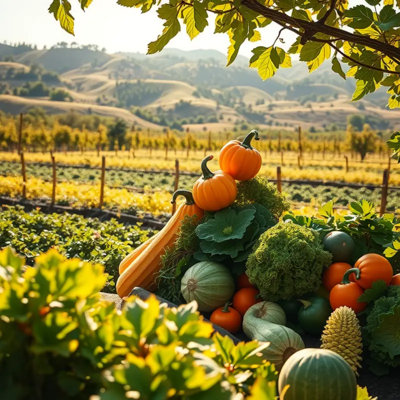 A beautiful sunlit field showcasing organic vegetables and fruits.