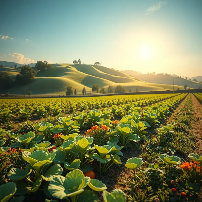 A vibrant sunlit field abundant with organic vegetables and fruits.