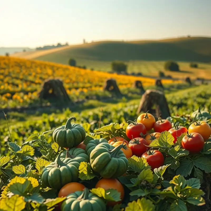 A sunlit field filled with organic vegetables and fruits.