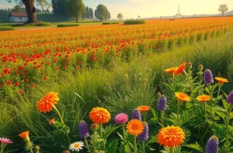 Photorealistic landscape of a sunlit organic field with colorful vegetables and fruits among blooming edible flowers.