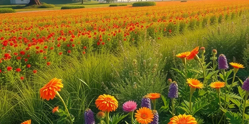 Photorealistic landscape of a sunlit organic field with colorful vegetables and fruits among blooming edible flowers.