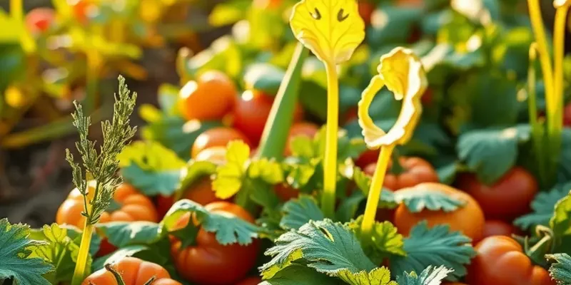 A peaceful sunlit scenery of an orchard with various fresh vegetables and fruits growing among lush greenery.