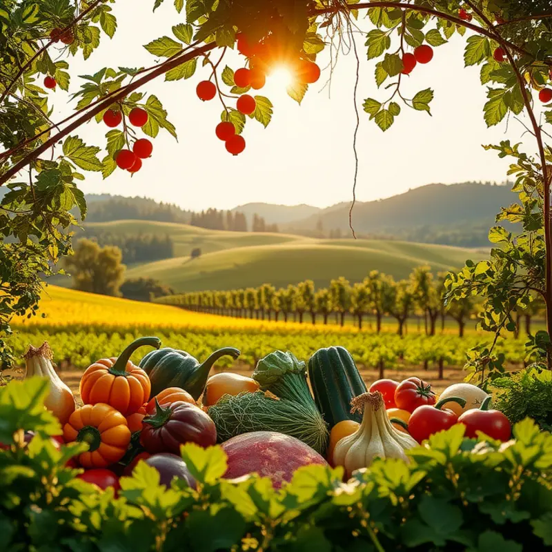 A vibrant, sunlit field filled with lush vegetables, emphasizing fresh and organic produce.