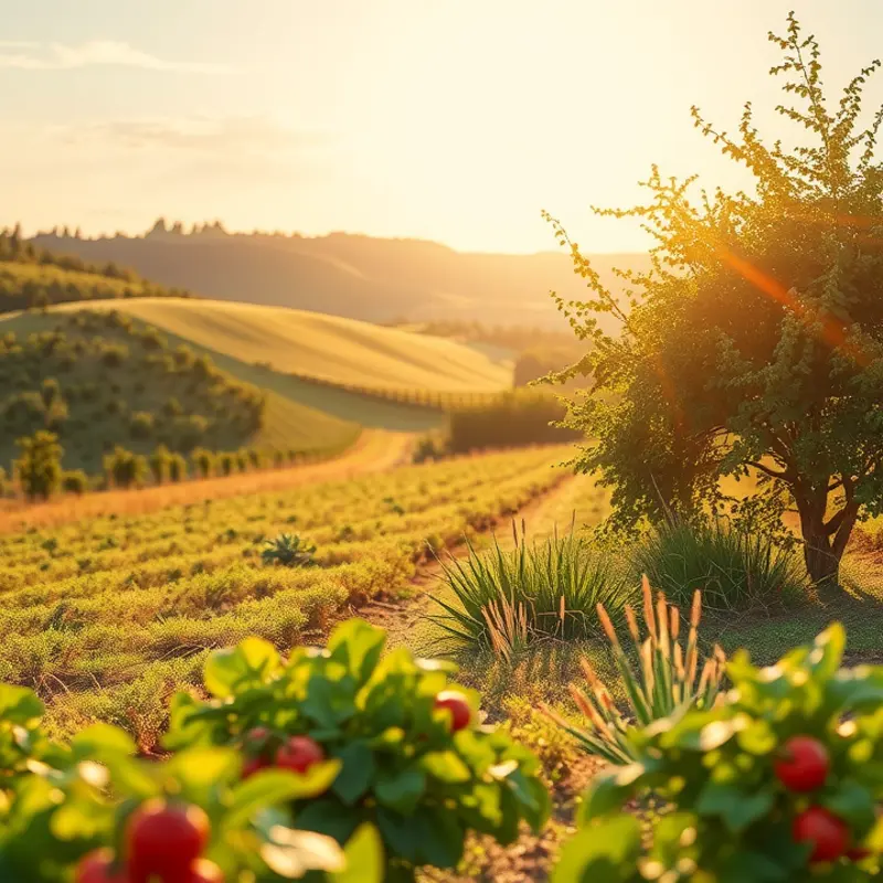 A sunlit garden abundant with organic vegetables and fruits.
