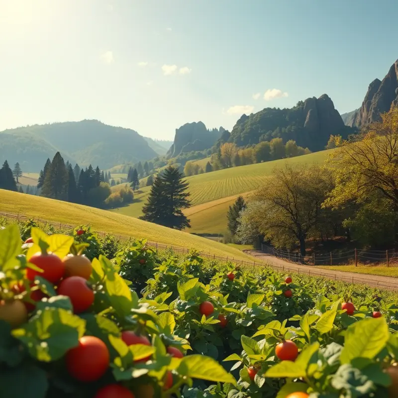 A vibrant orchard filled with fresh vegetables and fruits under soft sunlight.