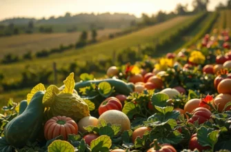 A photorealistic scene depicting a sunlit landscape with vibrant, organic produce growing naturally.