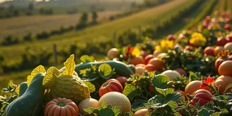 A photorealistic scene depicting a sunlit landscape with vibrant, organic produce growing naturally.