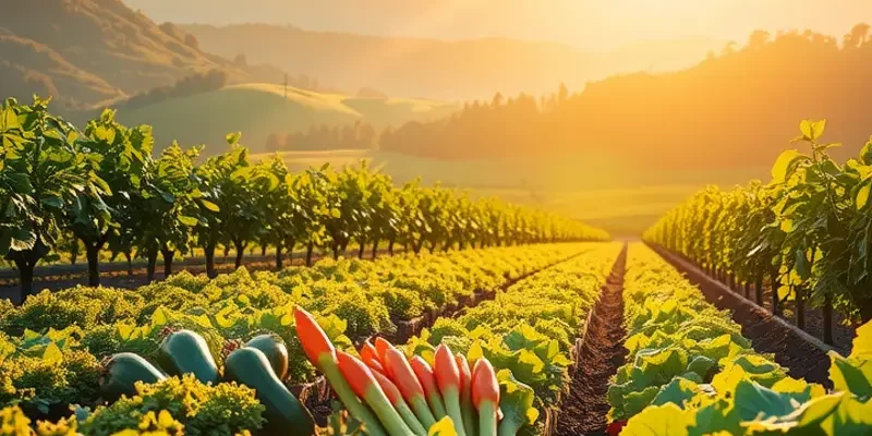A scenic depiction of a sunlit field loaded with fresh, organic fruits and vegetables, representing healthy nutrition.