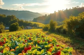 A sunlit orchard overflowing with vibrant organic fruits and vegetables, surrounded by lush greenery.