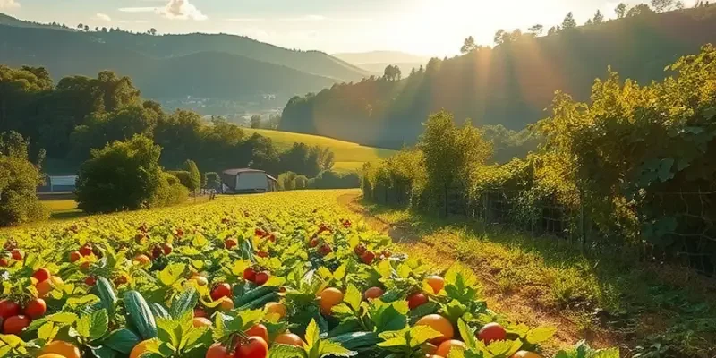 A sunlit orchard overflowing with vibrant organic fruits and vegetables, surrounded by lush greenery.