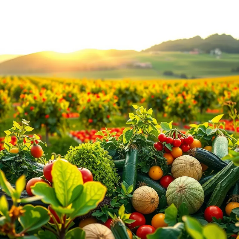 A lush sunlit field showcasing organic vegetables and fruits, embodying the essence of mindful eating.