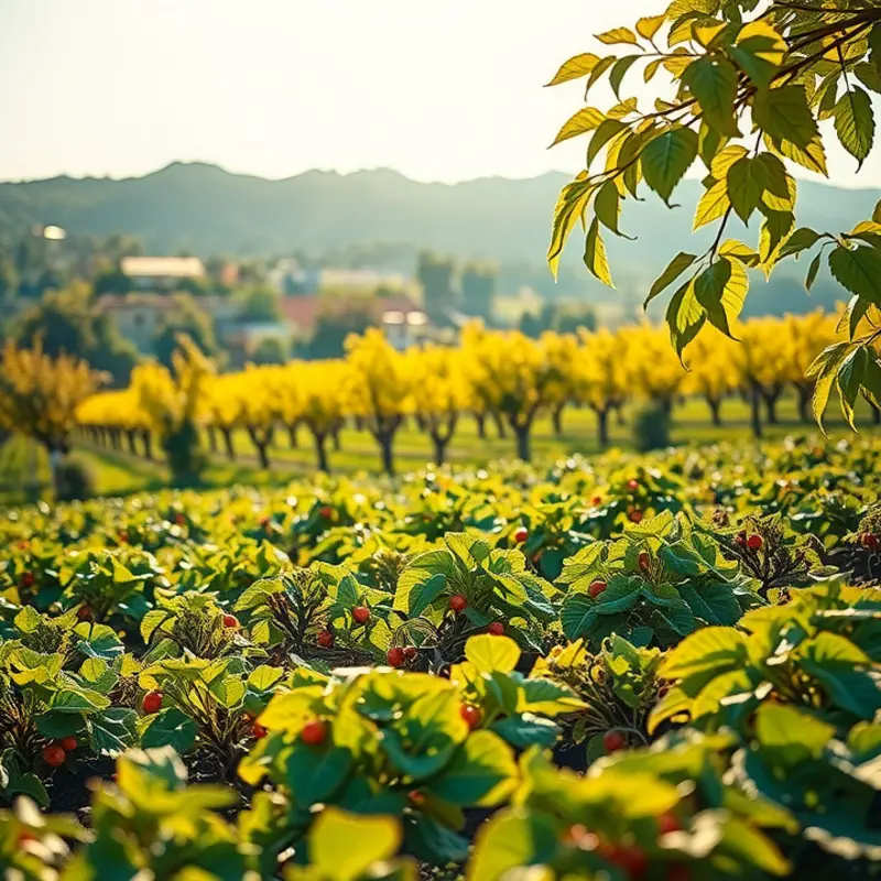 A serene sunlit field abundant with fresh organic produce.