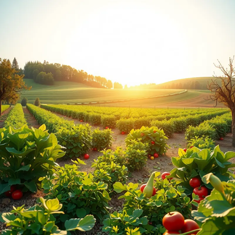 A vibrant sunlit field showcasing organic fruits and vegetables.