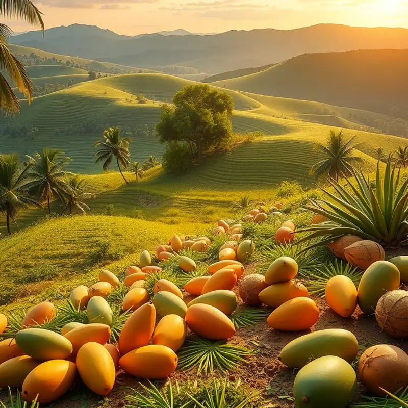 A vibrant field brimming with tropical fruits that showcase nature’s bounty.