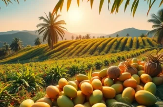 A scenic view of a sunlit orchard showcasing an abundance of tropical fruits and vegetables.