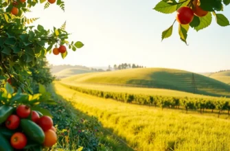 A sunlit field brimming with fresh, organic fruits and vegetables in a tranquil setting.