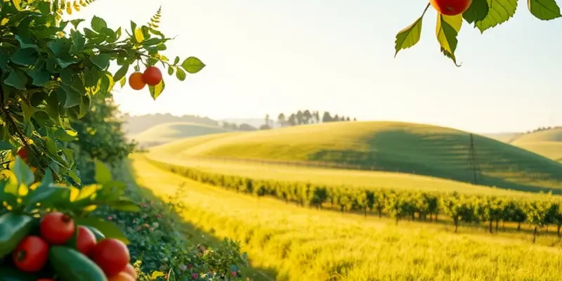 A sunlit field brimming with fresh, organic fruits and vegetables in a tranquil setting.