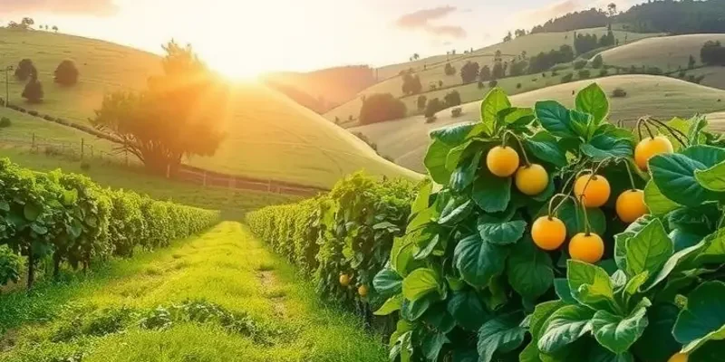 A scenic field full of various healthy organic vegetables and fruits.