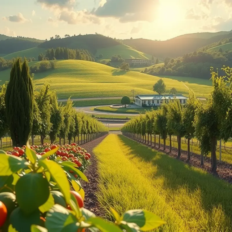A serene sunlit orchard filled with vibrant fruits and vegetables.