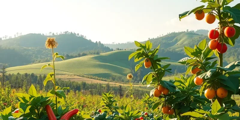 A peaceful landscape of a sunlit vegetable garden, radiating freshness and abundance.